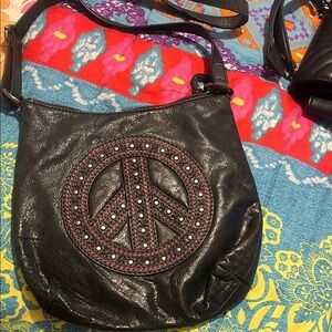 Black SAK Leather Peace Sign Shoulder Bag